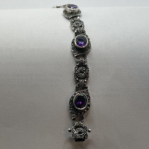 Marcasite and Amethyst 925 silver Bracelet vintage art deco Amethyst sterling